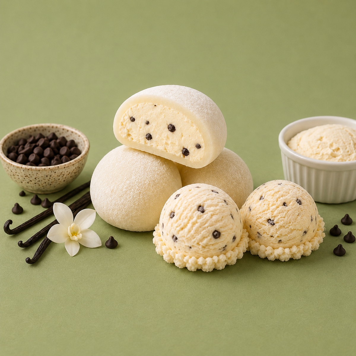 Vanilla Ice Cream Mochi with Crunchy Chocolate Chips